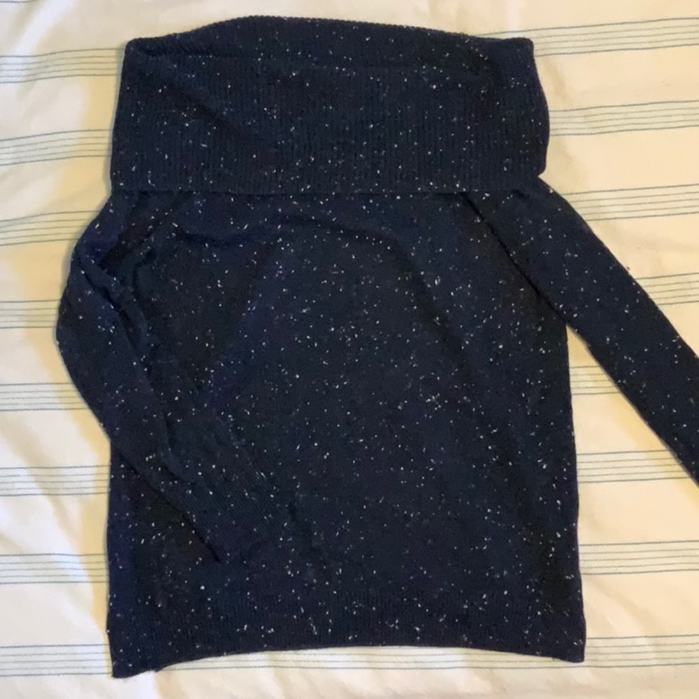 Loft Donegal Navy Cowl Neck off the shoulder sweater
